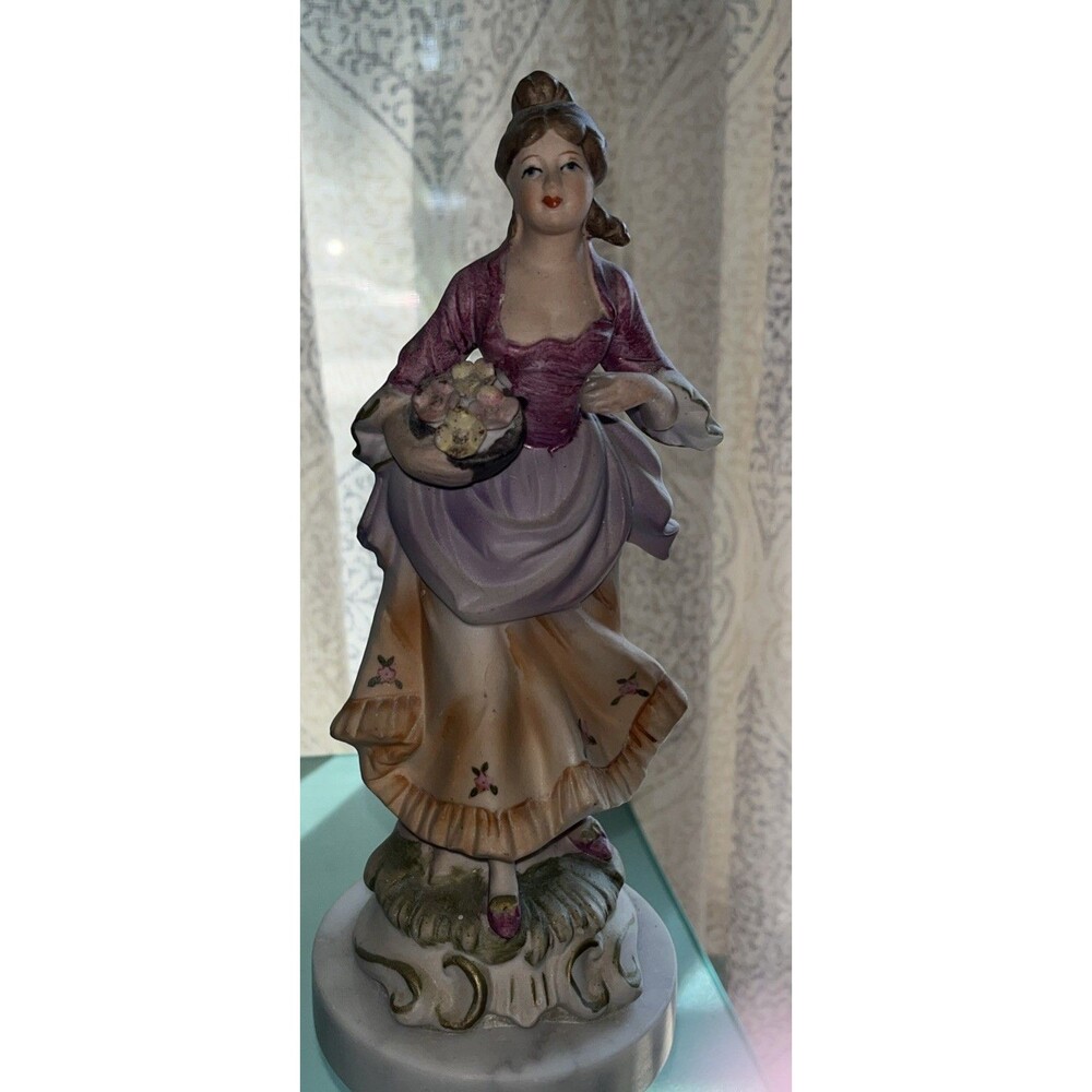 Vtg. Bisque Woman Holding Flowers On Mable And Gold Pedestal